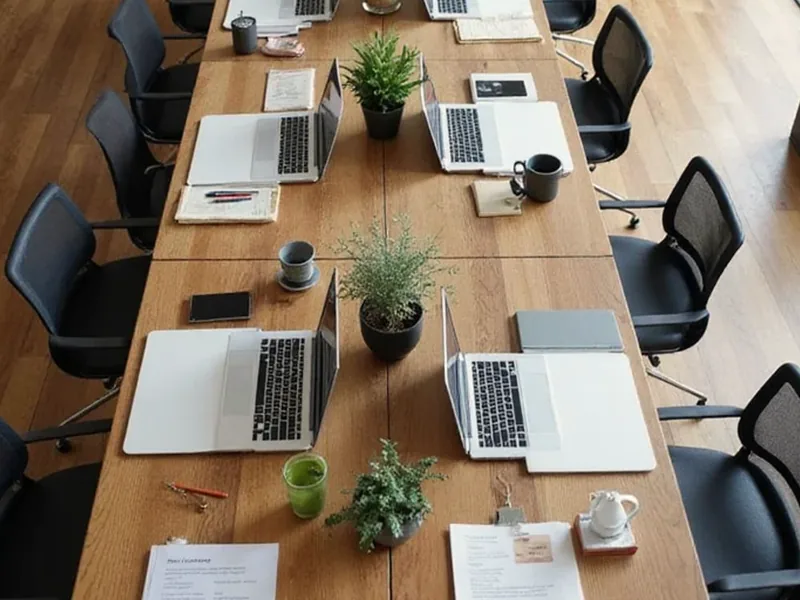 Grande table de travail en entreprise avec ordinateurs portables et fauteuils de bureau